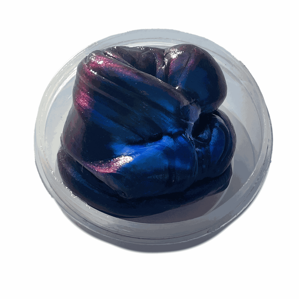 Gootonium Polychromatic Nebula putty with iridescent blue and purple hues in a clear container