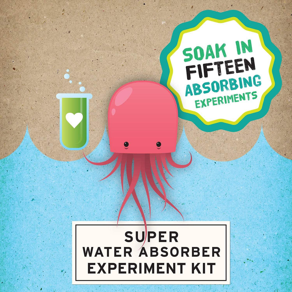 Illustration of a pink octopus holding a test tube with text "Soak in fifteen absorbing experiments" for Super Water Absorber Experiment Kit packaging