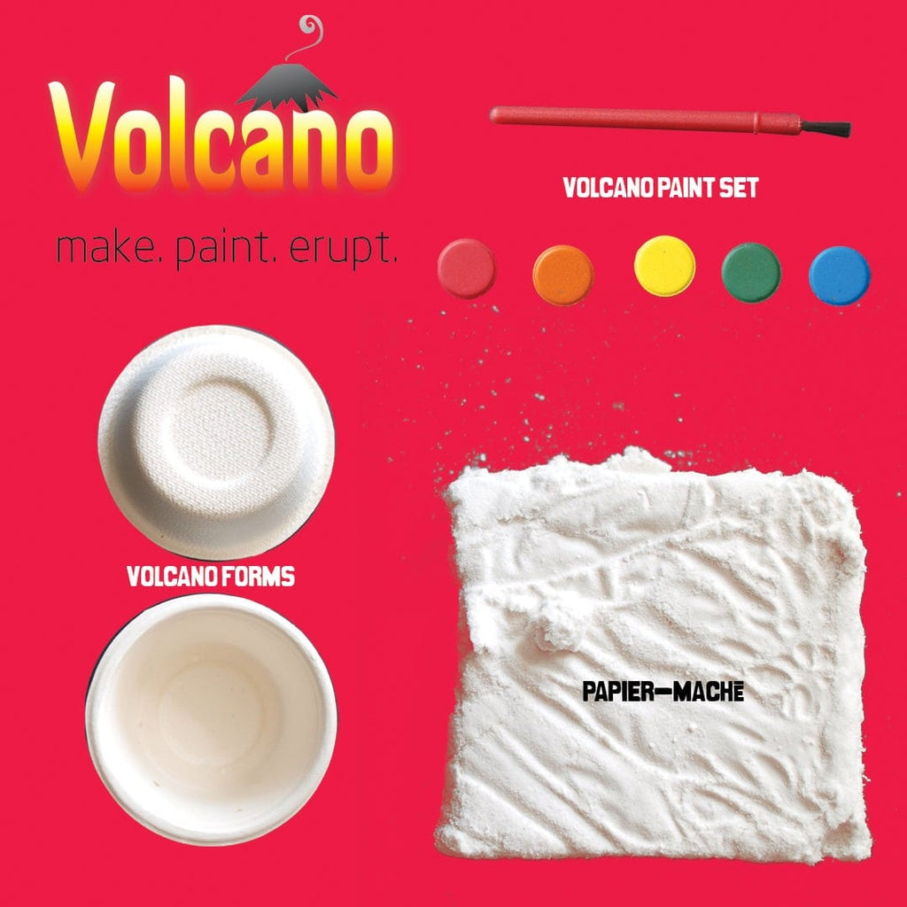 Do it Yourself kit with volcano forms, paint set, papier-mache, and brush for making and painting a volcano model.