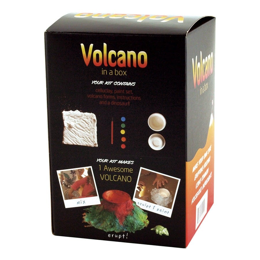 Do it Yourself kit for making a papier-mache volcano with paint set, volcano forms, and instructions for kids aged 6 and up