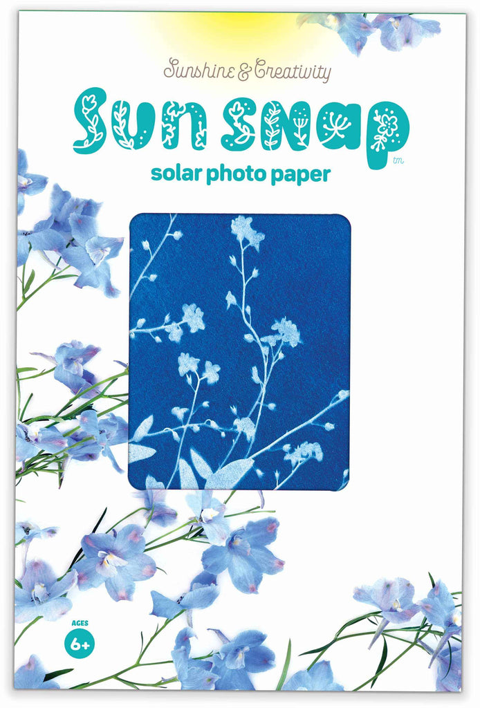 Sun Snap solar photo paper pack with cyanotype blue and white botanical print design on 5.8x8.3 inch sheets
